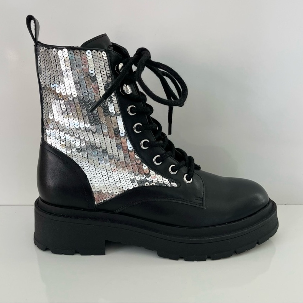 NINE WEST Hediy Sequined Combat Boots in Black Smooth/Silver NEW